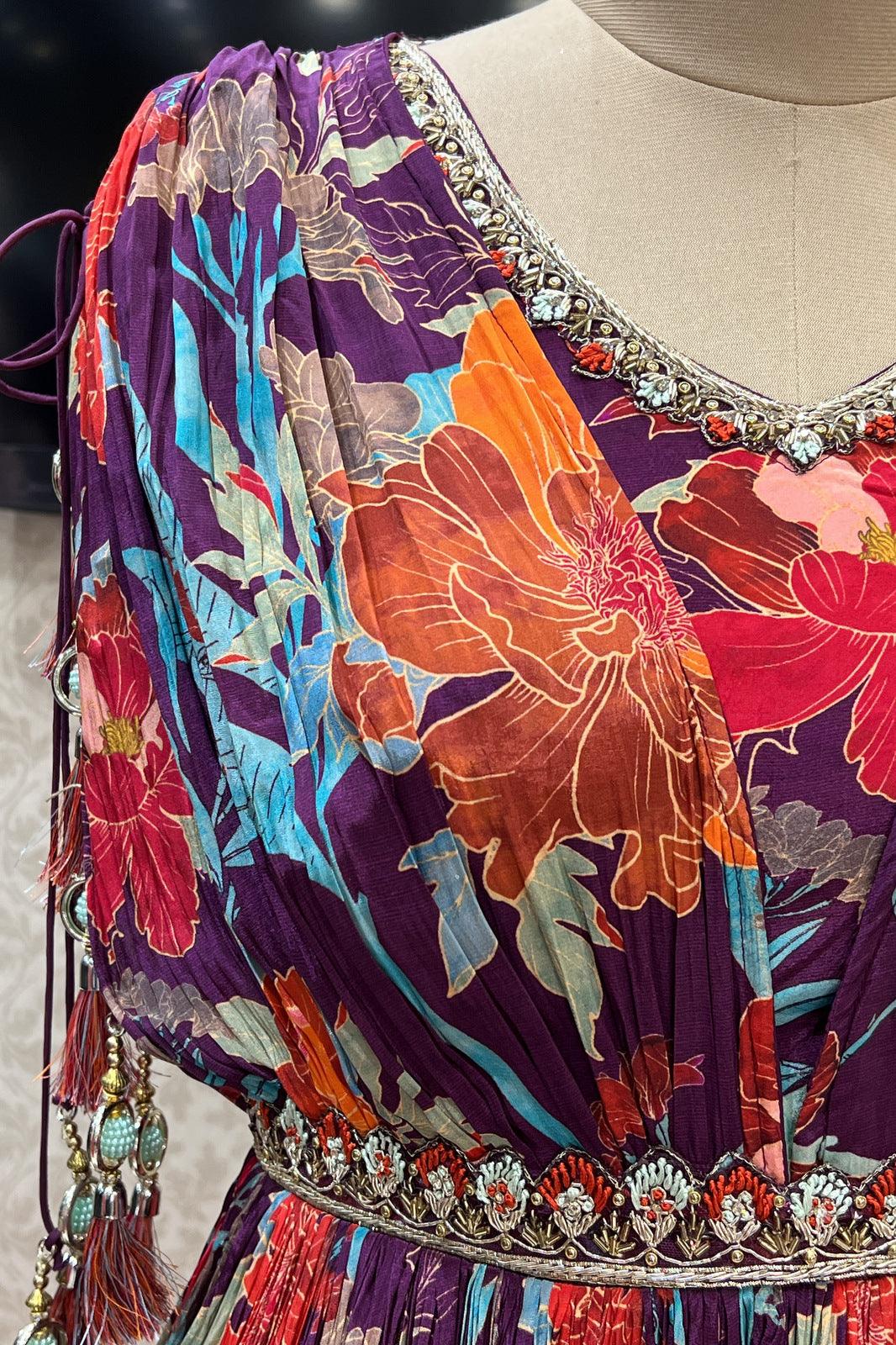 Purple Floral Print, Zardozi, Kundan and Beads work Poncho Style Anarkali Gown - Seasons Chennai