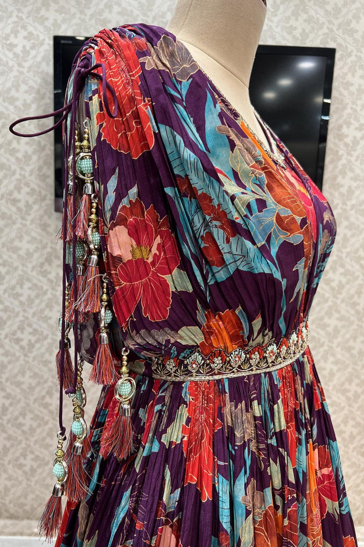 Purple Floral Print, Zardozi, Kundan and Beads work Poncho Style Anarkali Gown - Seasons Chennai