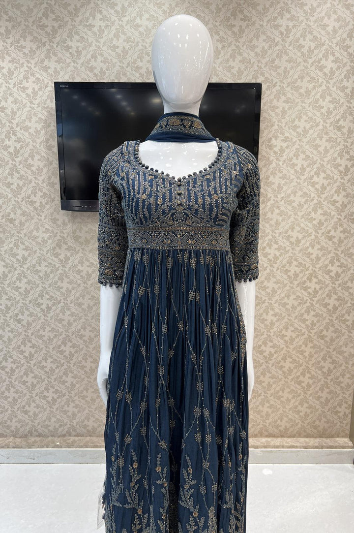 Navy Blue Zari Thread and Sequins work Palazzo Suit Set - Seasons Chennai