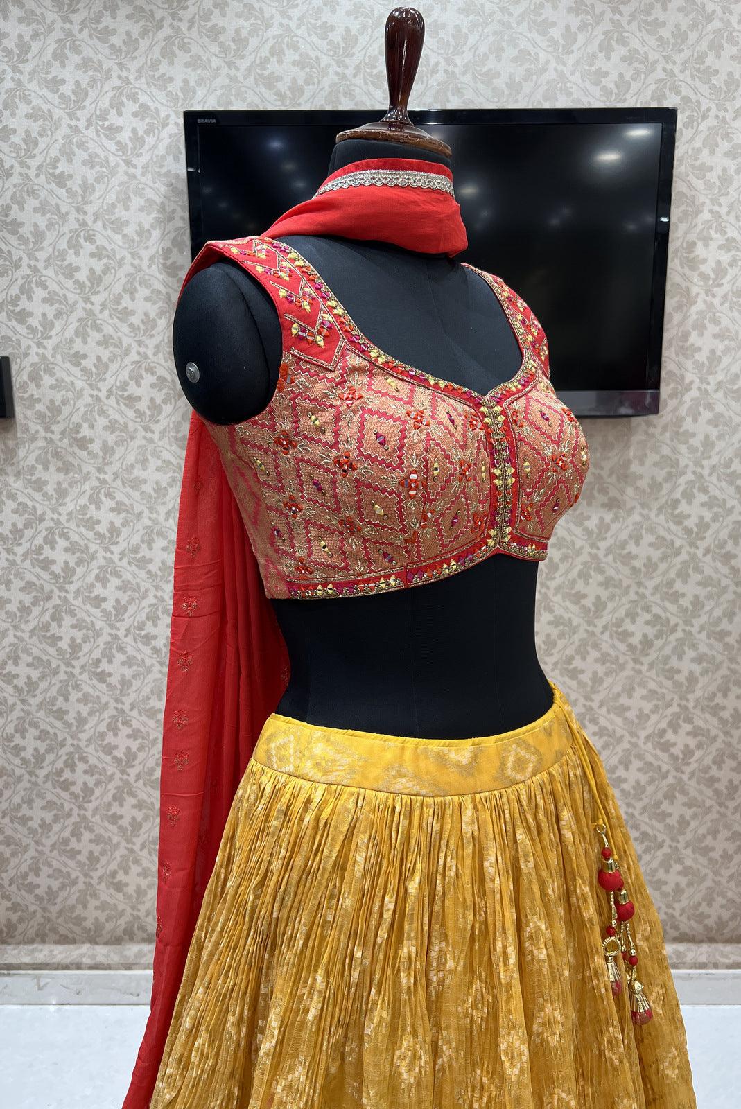 Brick Red with Yellow Mirror, Kundan and Banaras work Crop Top Lehenga - Seasons Chennai