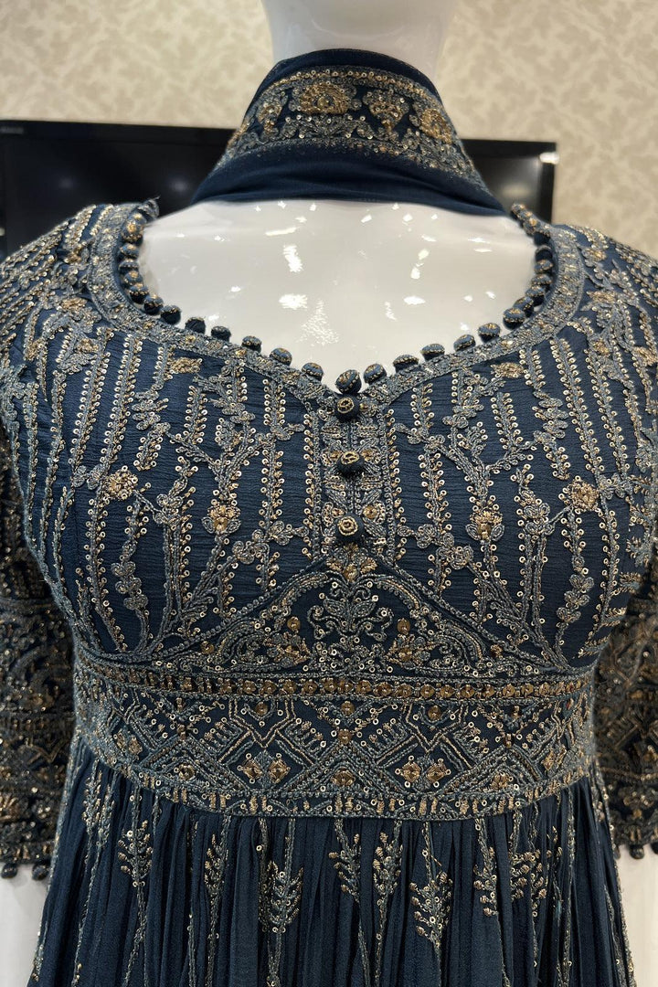 Navy Blue Zari Thread and Sequins work Palazzo Suit Set - Seasons Chennai