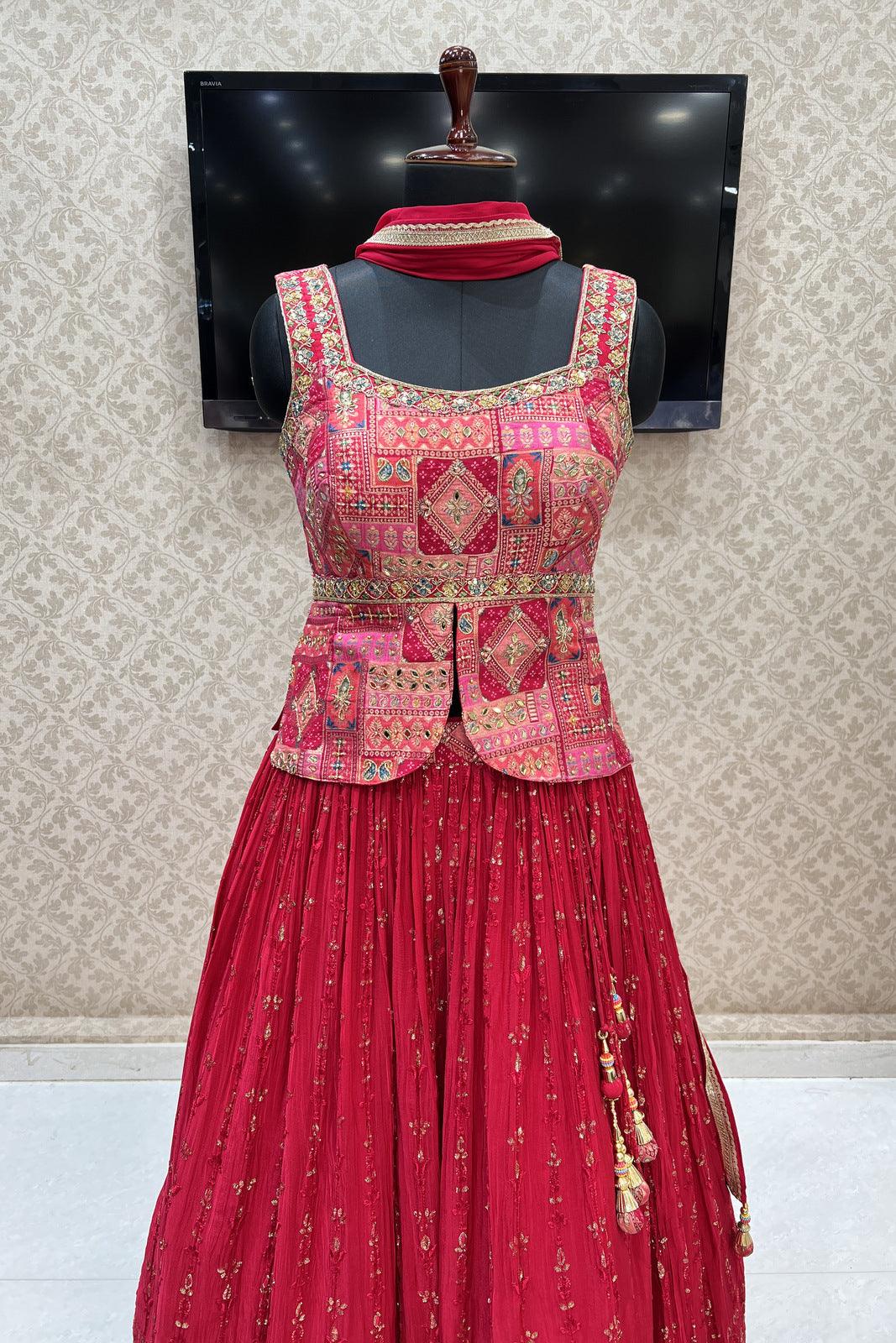 Red Mirror, Zardozi, Banaras and Beads work Peplum Style Lehenga - Seasons Chennai