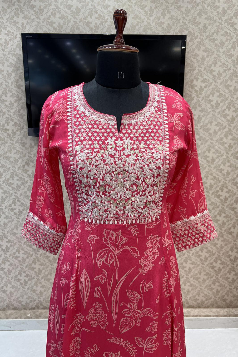 Pink Embroidery and Sequins work with Digital Print Calf Length Kurti - Seasons Chennai