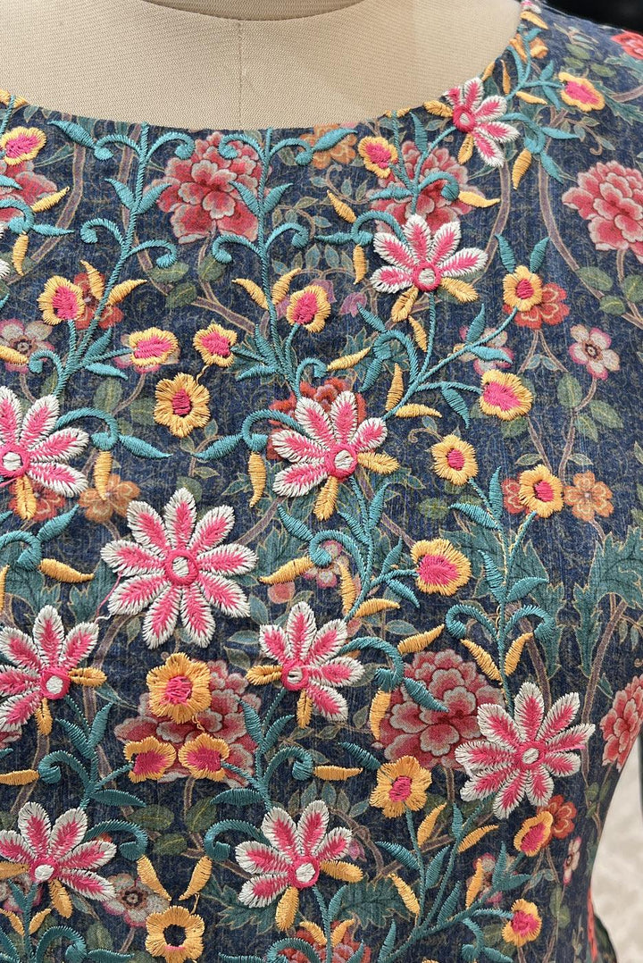 Grey Floral Print and Embroidery work Anarkali Styled Long Kurti - Seasons Chennai
