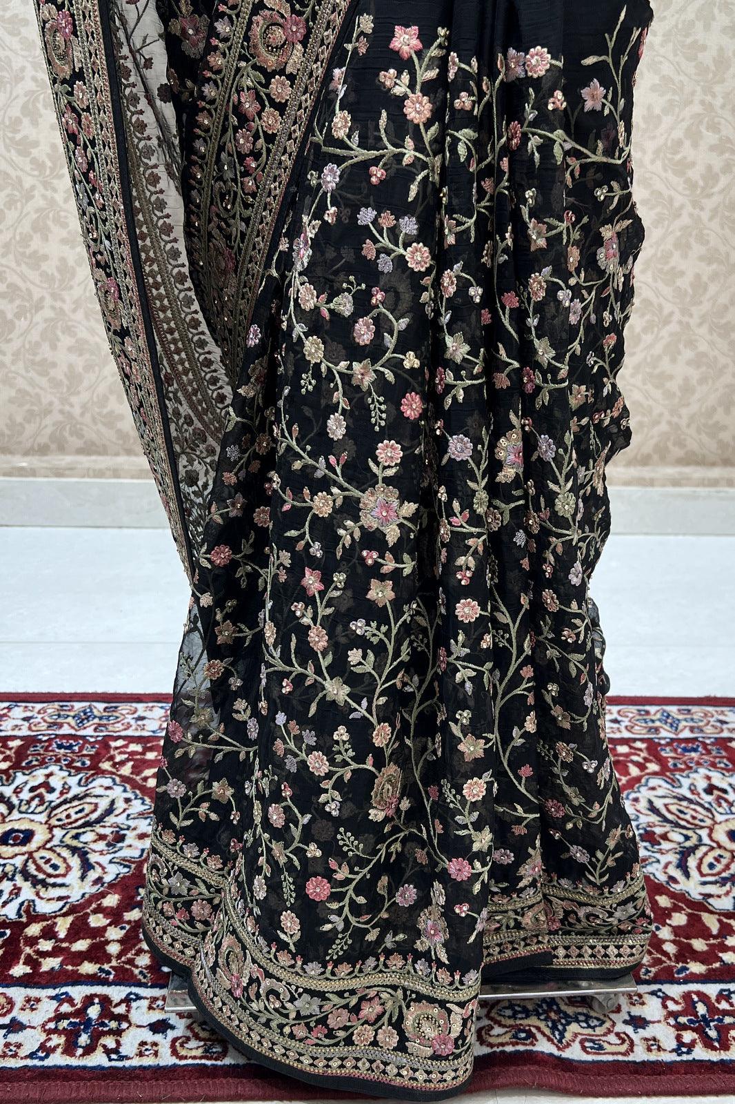 Black Multicolor Embroidery and Stone work Saree with Matching Unstitched Blouse - Seasons Chennai