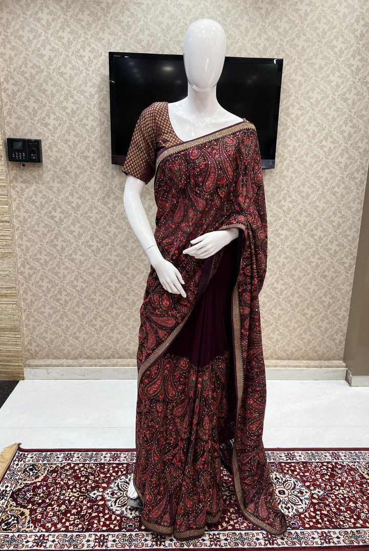 Wine Multicolor Embroidery, Sequins and Stone work Saree with Matching Unstitched Blouse - Seasons Chennai