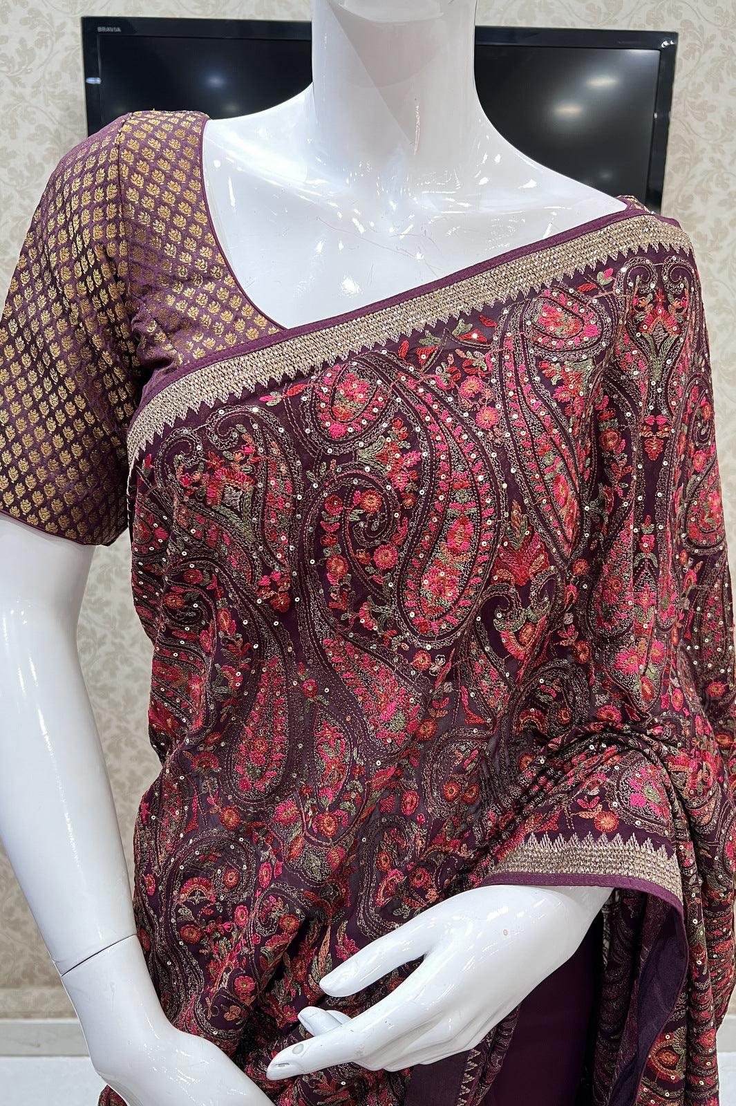 Wine Multicolor Embroidery, Sequins and Stone work Saree with Matching Unstitched Blouse - Seasons Chennai