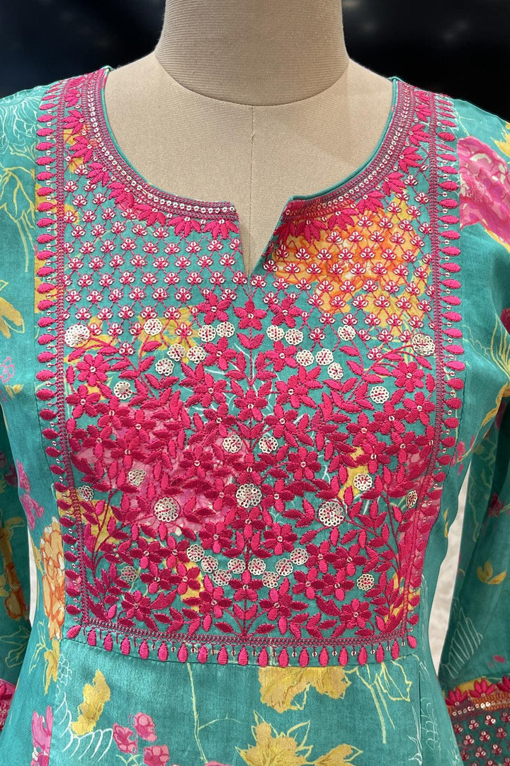 Green Floral Print with Embroidery work Long Kurti - Seasons Chennai