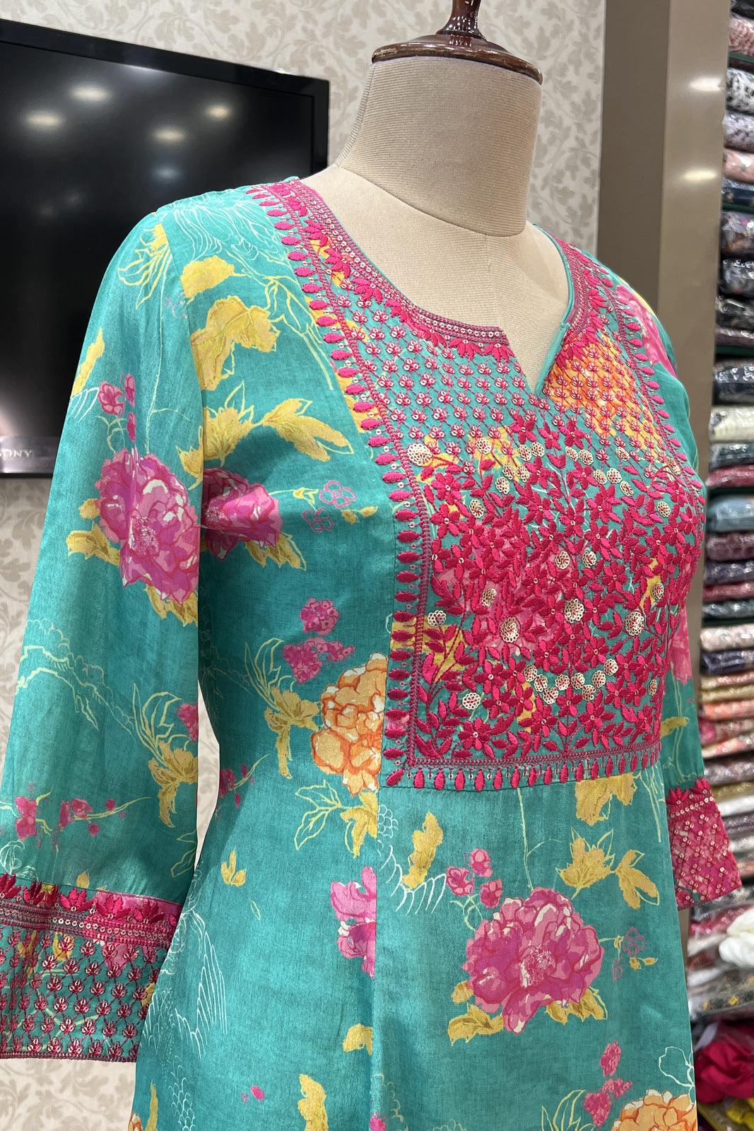 Green Floral Print with Embroidery work Long Kurti - Seasons Chennai