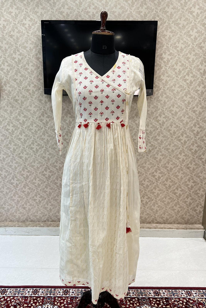 Cream Sequins and Beads work with Print Long Kurti - Seasons Chennai
