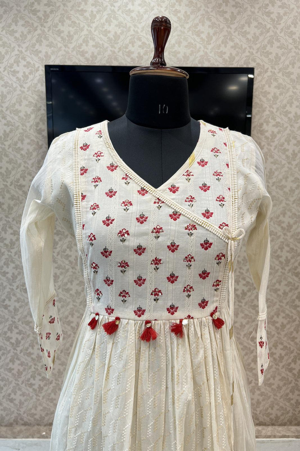 Cream Sequins and Beads work with Print Long Kurti - Seasons Chennai