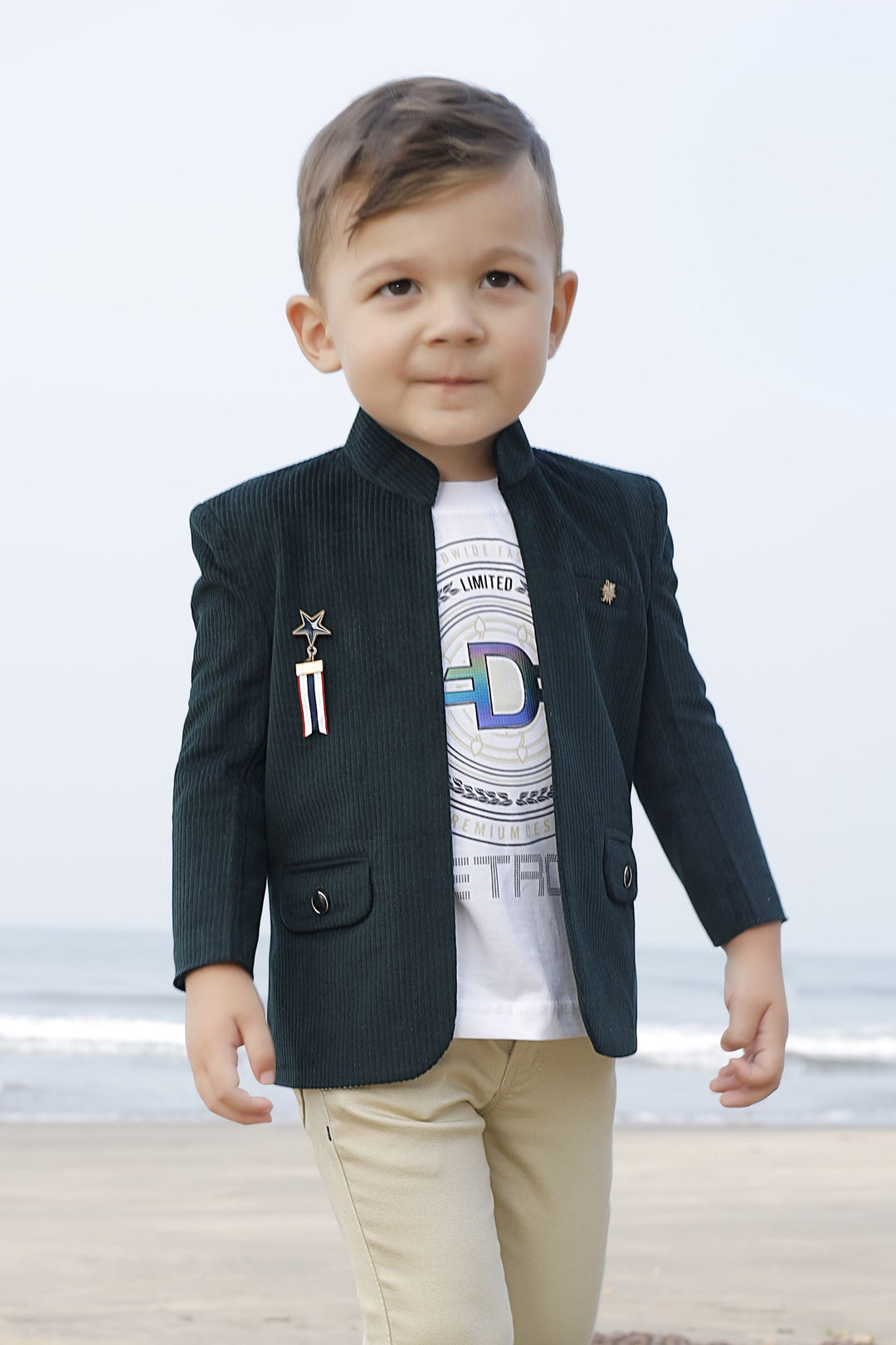 Bottle Green Waist Coat with White T-Shirt and Sandal Pant Set for Boys