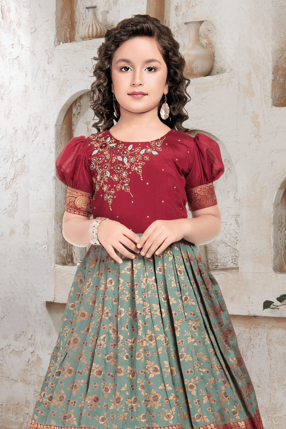 Maroon with Green Banaras, Beads, Stone and Sequins work Long Party Gown for Girls - Seasons Chennai
