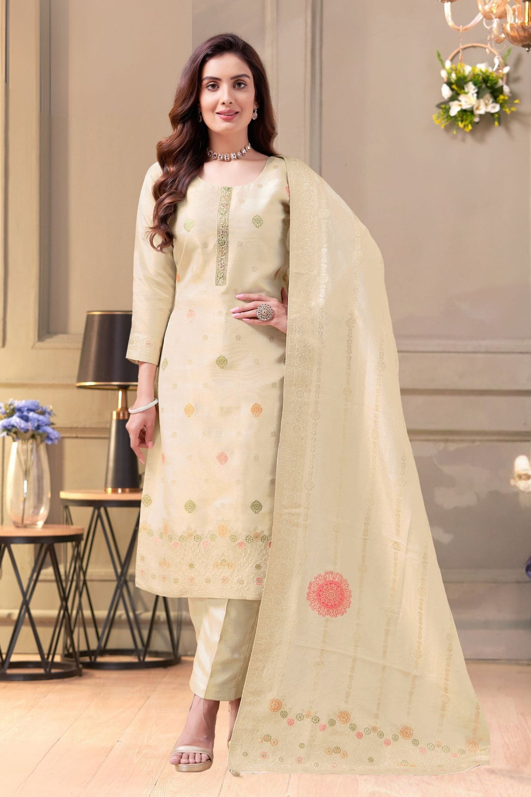 Cream Banaras, Zardozi, Thread and Sequins work Straight Cut Salwar Suit