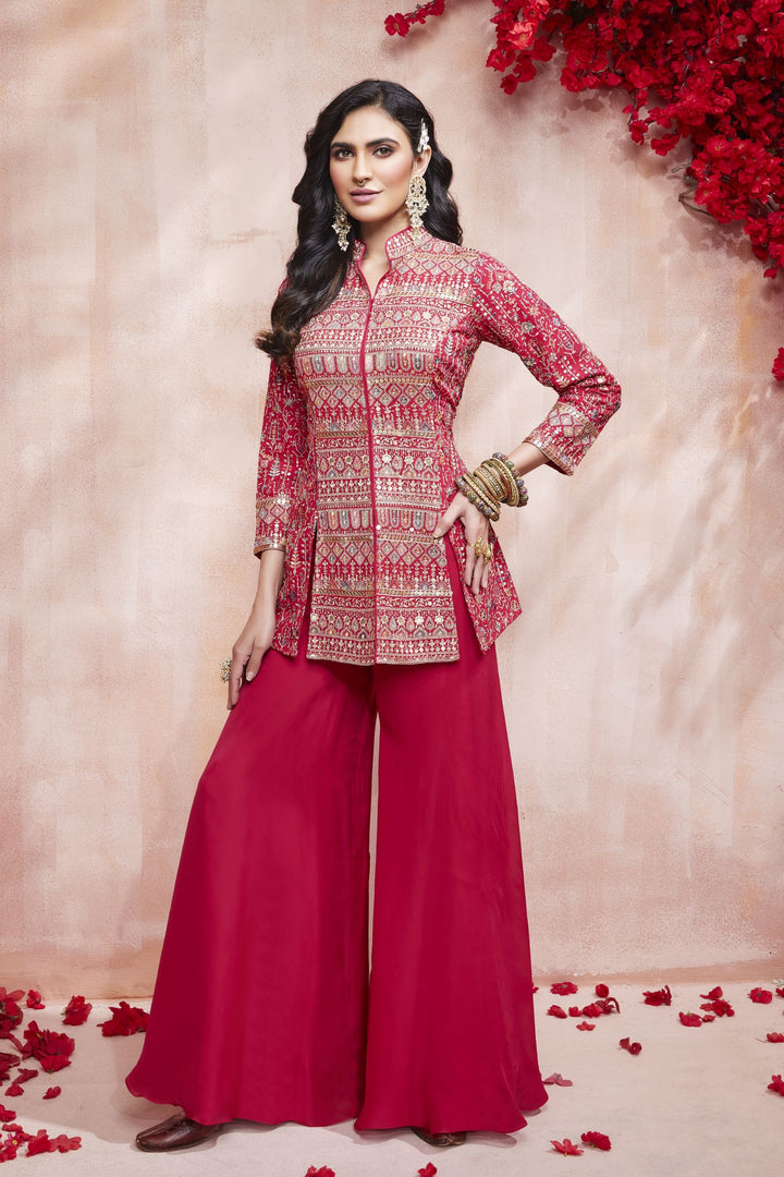Rani Pink Zari, Sequins and Thread work Palazzo Salwar Suit