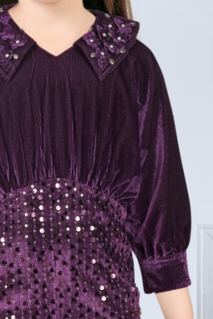 Purple Sequins work Short Frock for Girls