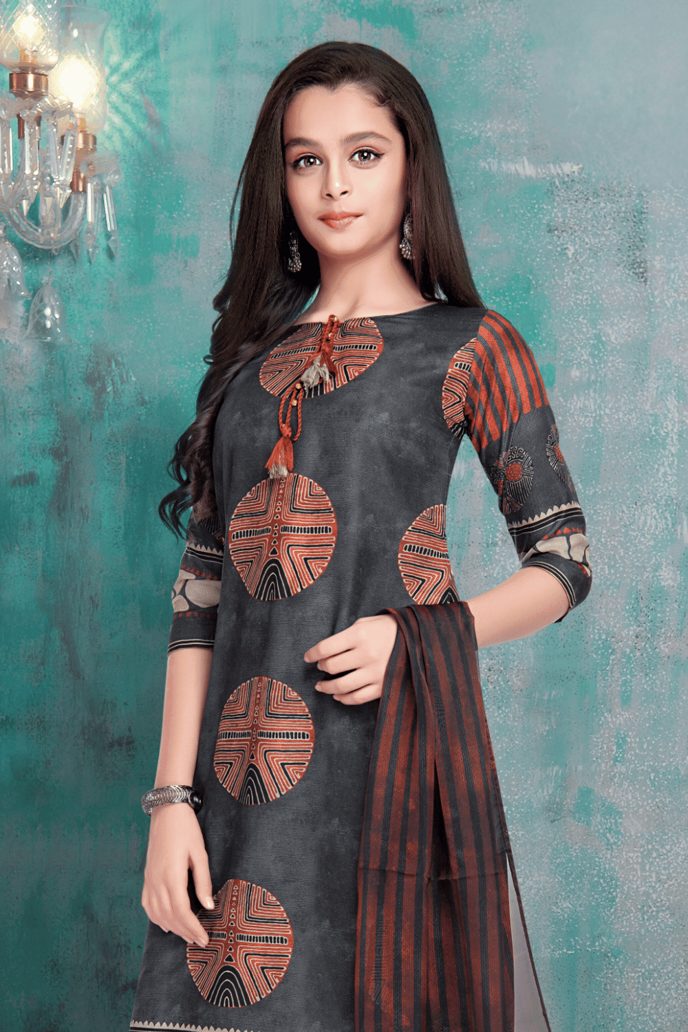 Dark Grey with Printed Straight Cut Salwar Suit for Girls - Seasons Chennai