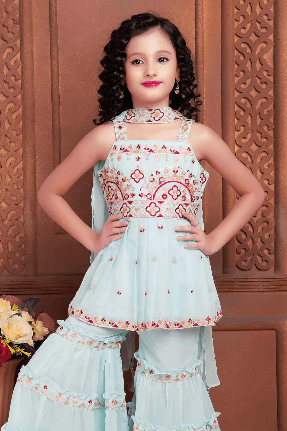 Pastel Blue Multicolor Thread and Zari work Peplum Style Sharara Suit Set for Girls - Seasons Chennai