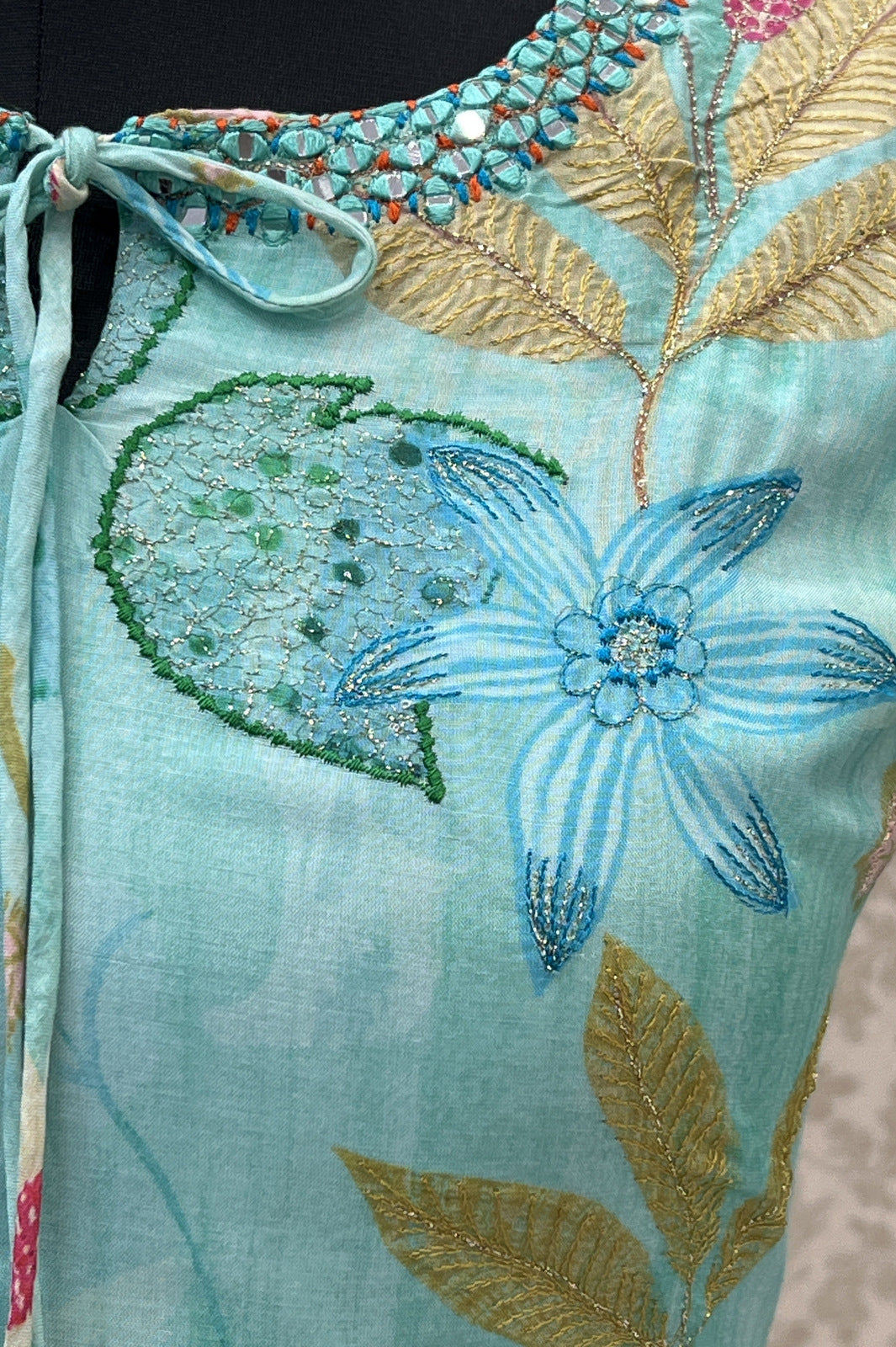 Green Zari and Mirror work with Floral Print Alia Cut Anarkali Styled Long Kurti