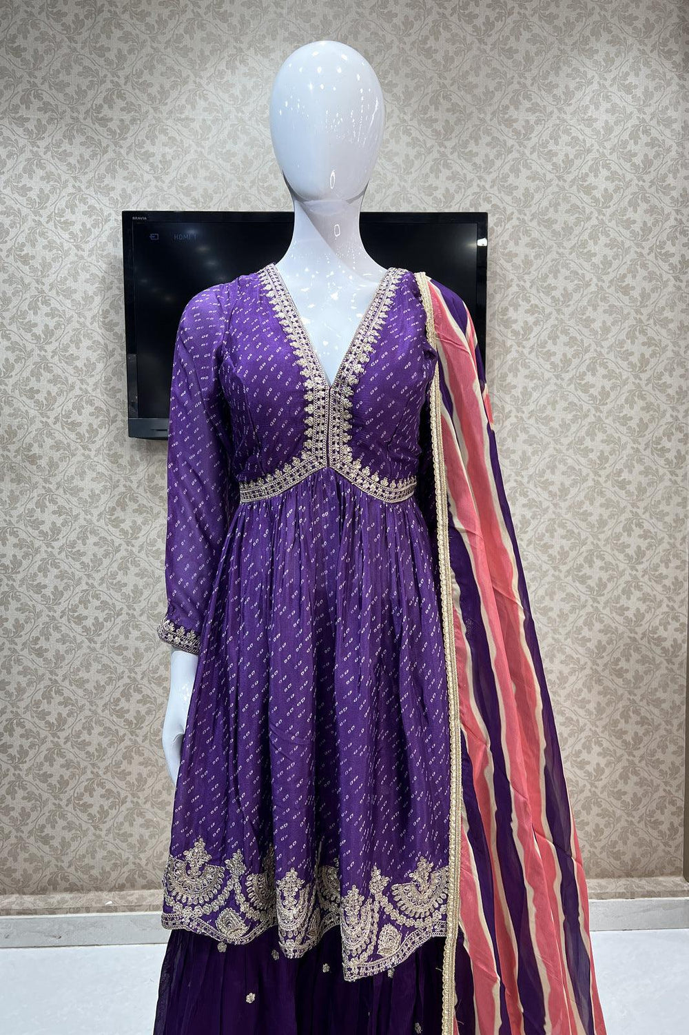Purple Bandini Print, Sequins and Zari work Alia Cut Peplum Top with Sharara Suit Set - Seasons Chennai