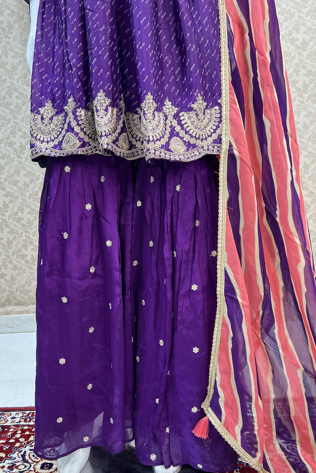 Purple Bandini Print, Sequins and Zari work Alia Cut Peplum Top with Sharara Suit Set - Seasons Chennai
