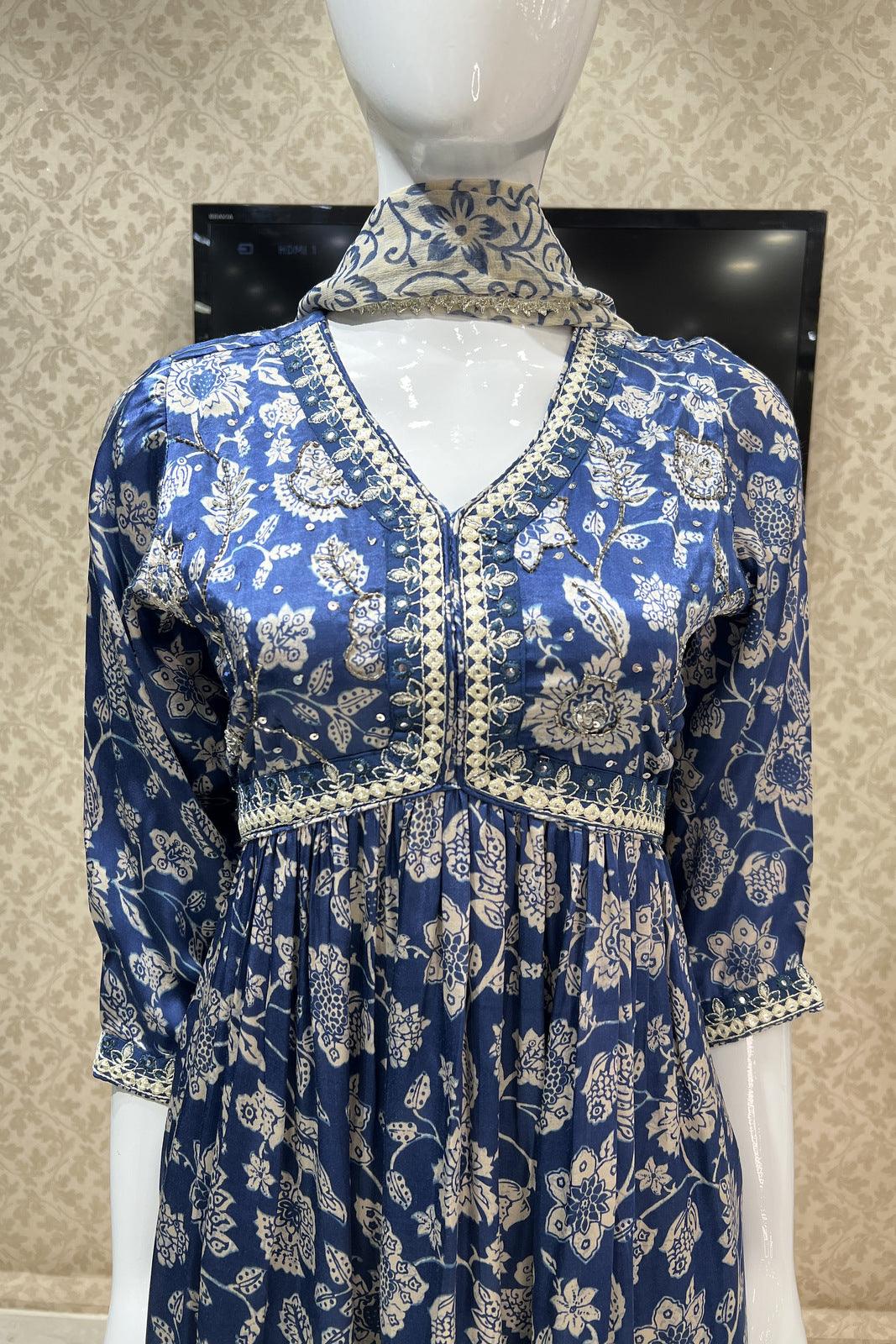 Blue with Cream Digital Print, Beads and Thread work Alia Cut Salwar with Pathani Pant Set - Seasons Chennai