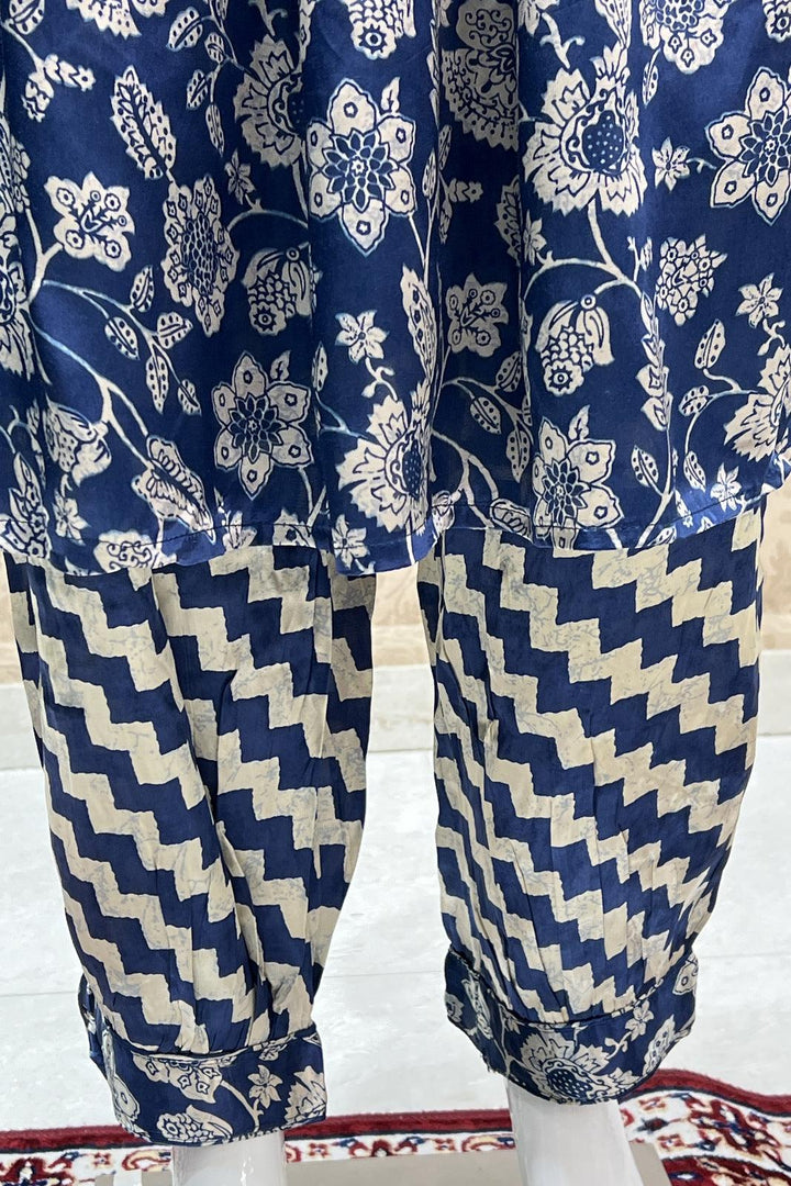 Blue with Cream Digital Print, Beads and Thread work Alia Cut Salwar with Pathani Pant Set - Seasons Chennai