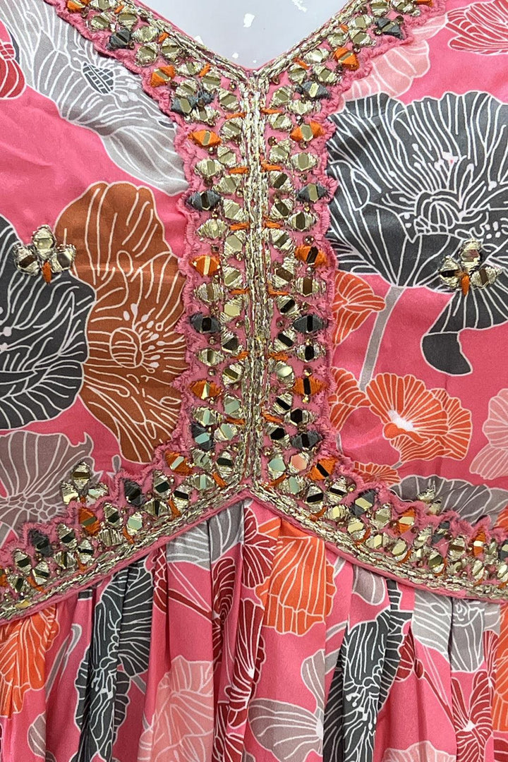 Pink with Multicolor Digital Print, Mirror, Zari and Stone work Alia Cut Salwar with Parallel Pant Set - Seasons Chennai