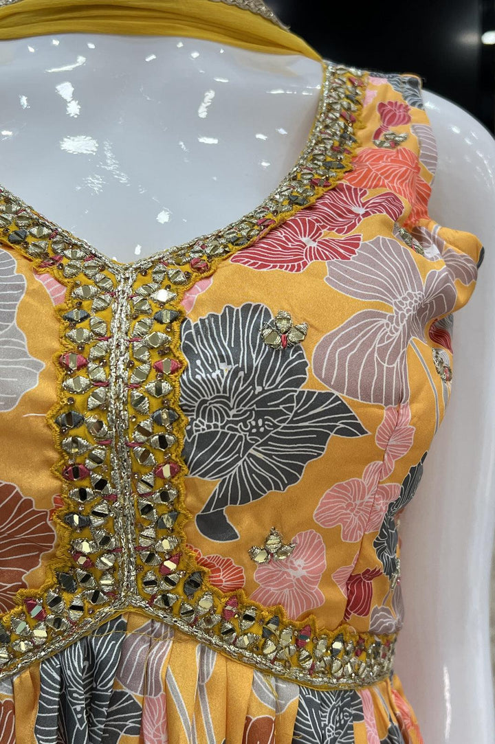 Yellow with Multicolor Digital Print, Mirror and Zari work Alia Cut Salwar with Parallel Pant Set - Seasons Chennai