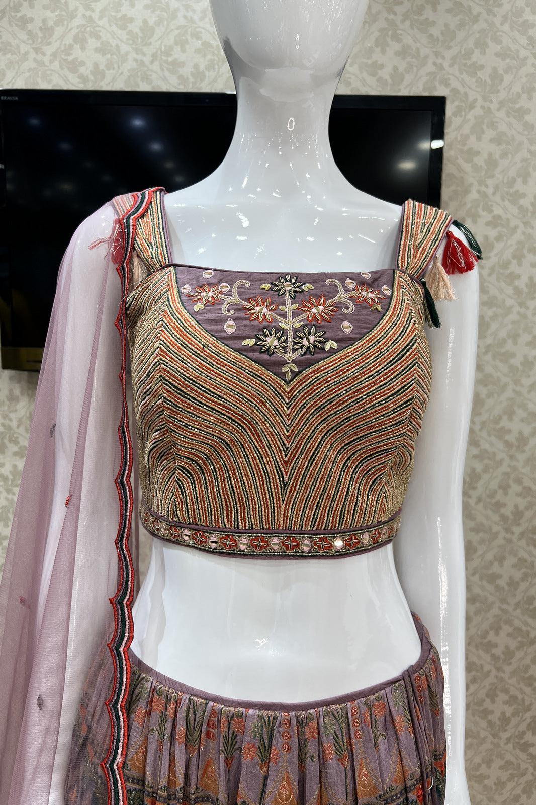 Onion Pink with Dark Grey Banaras, Beads, Zardozi and Mirror work Crop Top Lehenga - Seasons Chennai