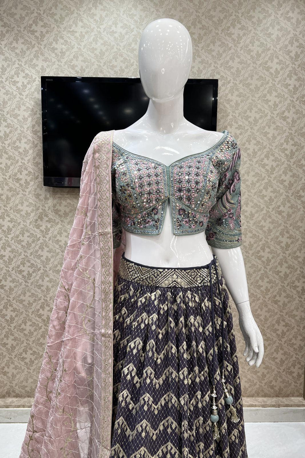 Green with Light Purple Embroidery, Mirror, Sequins, Zari and Thread work Crop Top Lehenga - Seasons Chennai