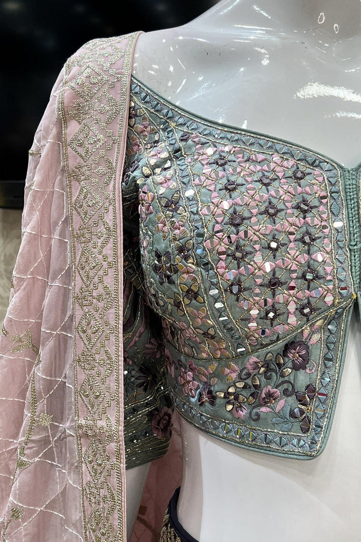 Green with Light Purple Embroidery, Mirror, Sequins, Zari and Thread work Crop Top Lehenga - Seasons Chennai