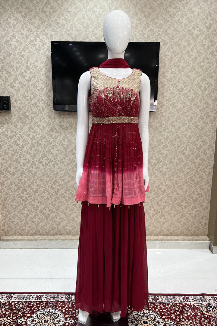 Red with Pink Bandini Print, Sequins, Beads and Pearls work Peplum Top with Palazzo Suit Set - Seasons Chennai