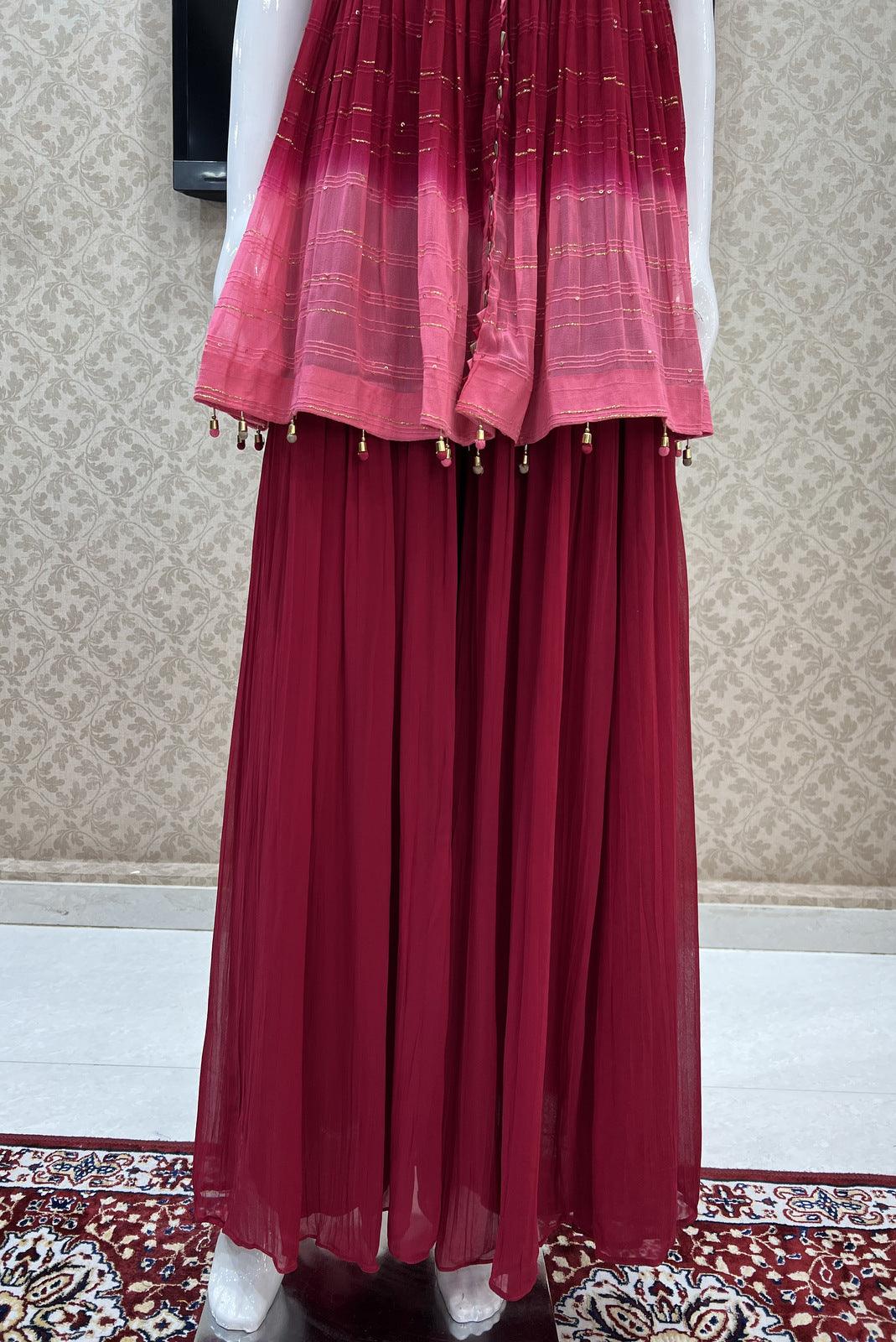 Red with Pink Bandini Print, Sequins, Beads and Pearls work Peplum Top with Palazzo Suit Set - Seasons Chennai