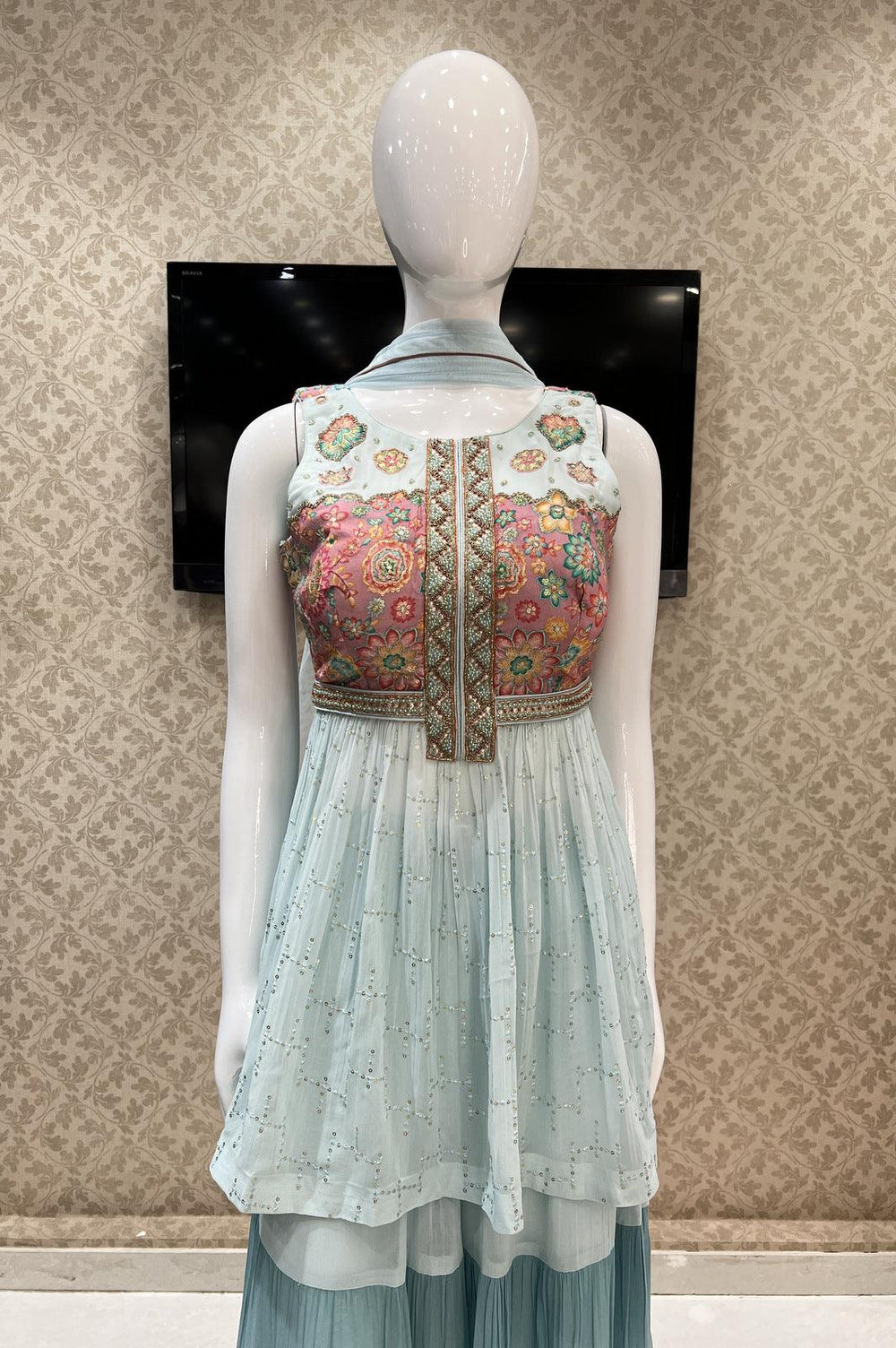 Sky Blue Multicolor Digital Print, Sequins, Thread and Beads work Peplum Top with Palazzo Suit Set - Seasons Chennai