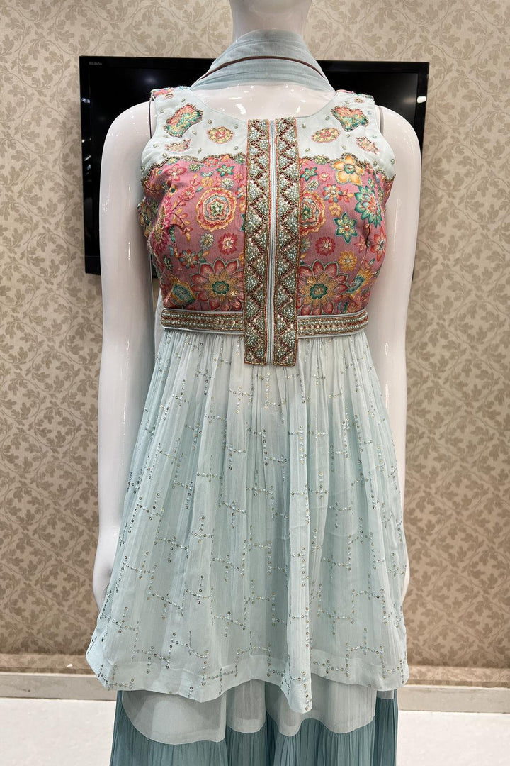 Sky Blue Multicolor Digital Print, Sequins, Thread and Beads work Peplum Top with Palazzo Suit Set - Seasons Chennai