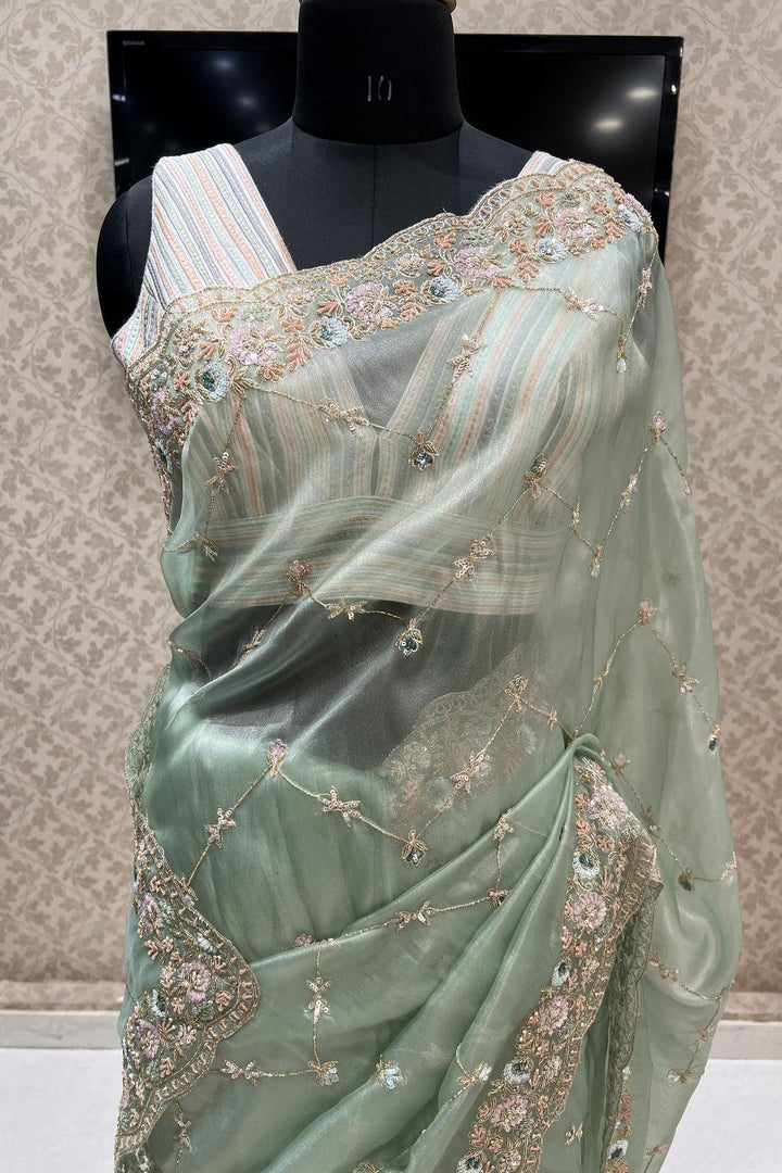 Light Green Beads, Peral and Sequins work Saree with Matching Unstitched Designer Blouse - Seasons Chennai