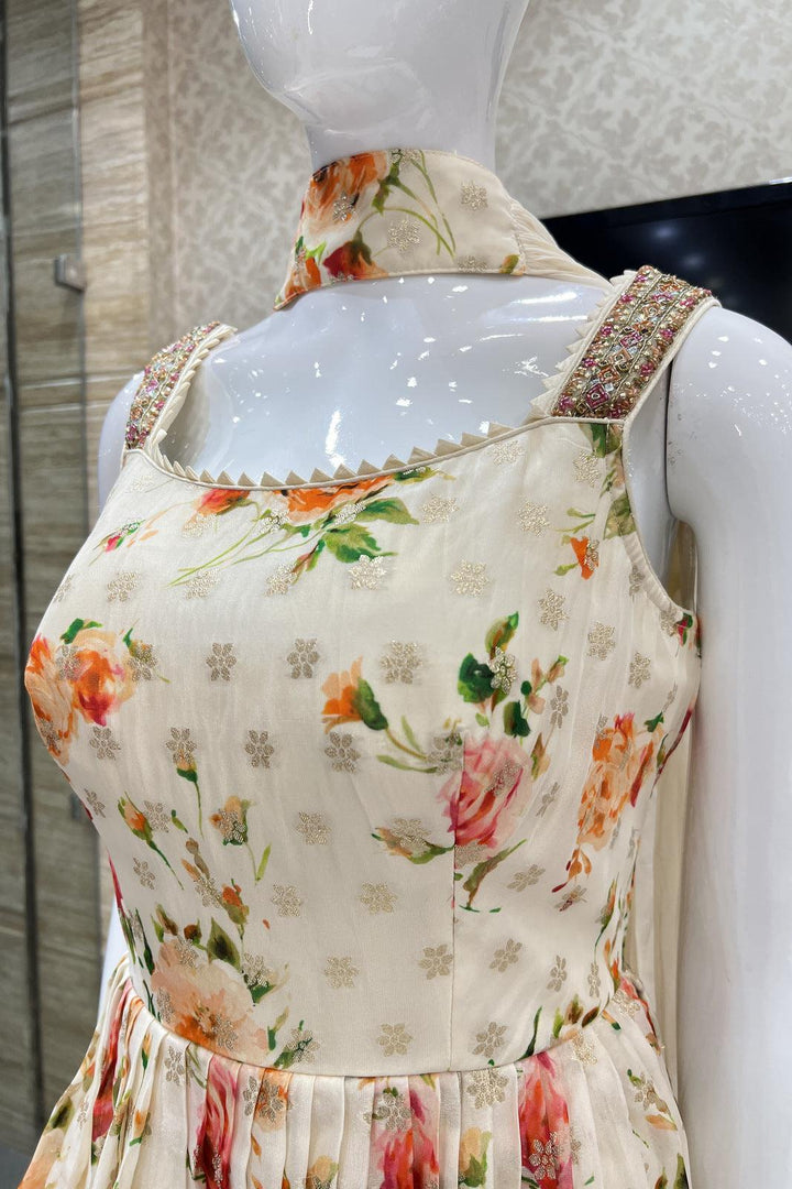 Cream Banaras, Beads and Kundan work with Digital Print Peplum Top with Palazzo Suit Set - Seasons Chennai