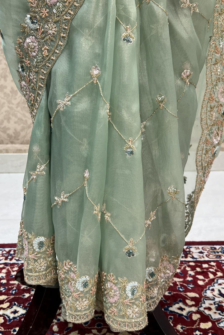 Light Green Beads, Peral and Sequins work Saree with Matching Unstitched Designer Blouse - Seasons Chennai