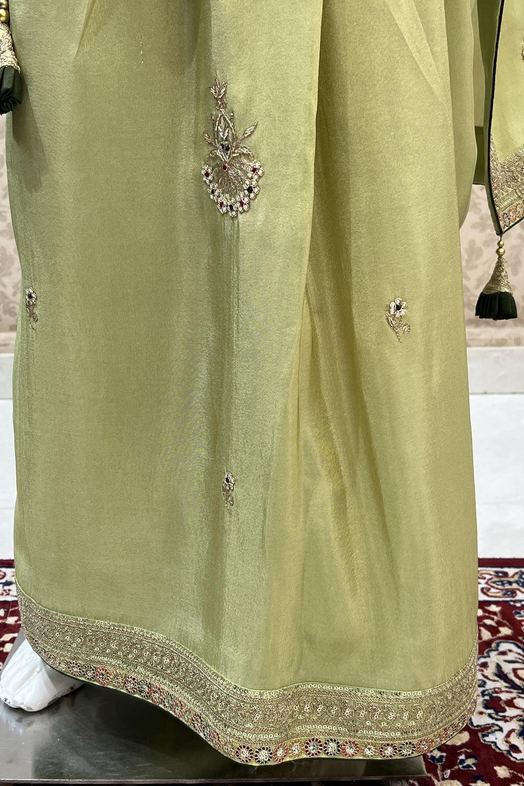 Pista Green Pearl, Sequins and Zari work Saree with Matching Semi Stitched Designer Blouse - Seasons Chennai