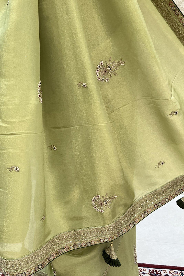 Pista Green Pearl, Sequins and Zari work Saree with Matching Semi Stitched Designer Blouse - Seasons Chennai