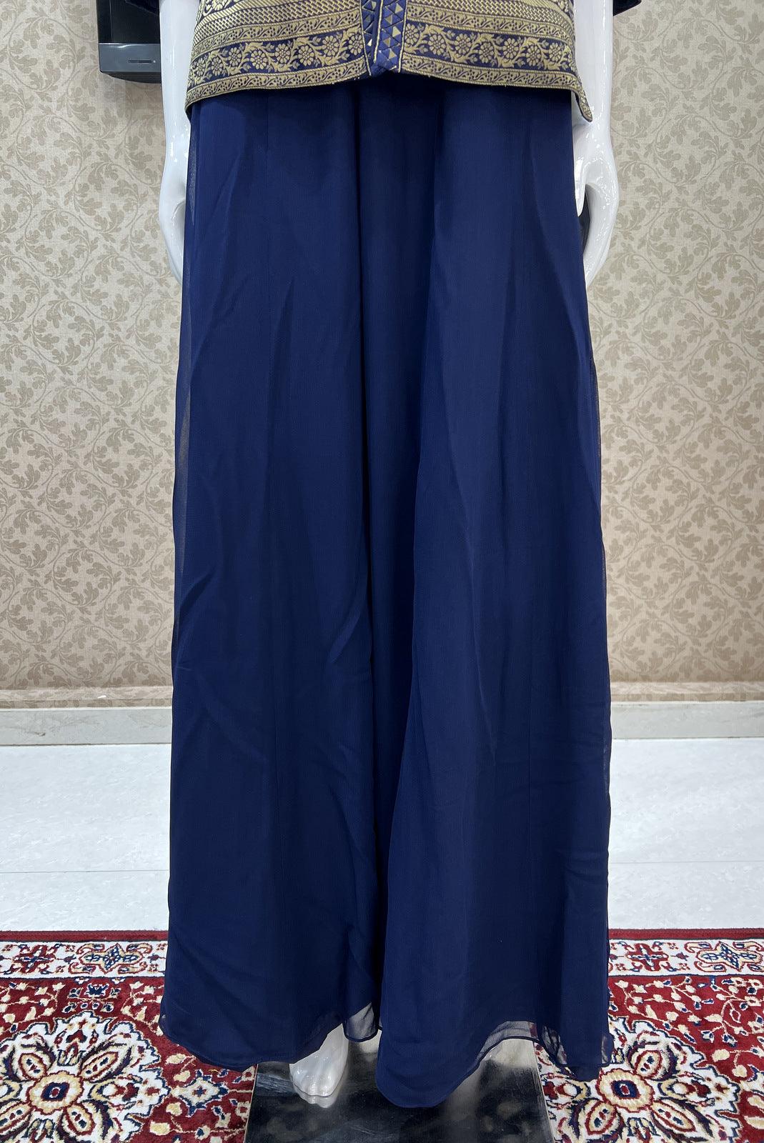 Navy Blue Printed, Banaras, Mirror, Thread and Zari work Palazzo Suit Set - Seasons Chennai