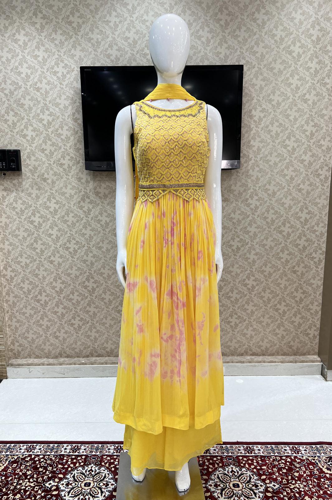 Yellow Lucknowi Thread, Sequins, Beads and Mirror work Salwar Suit with Palazzo Pants - Seasons Chennai