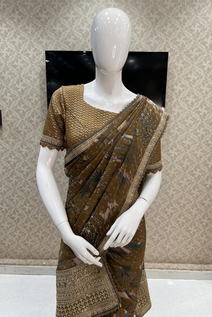 Brown Pichwai Print and Sequins work Saree with Matching Semi Stitched Designer Blouse - Seasons Chennai