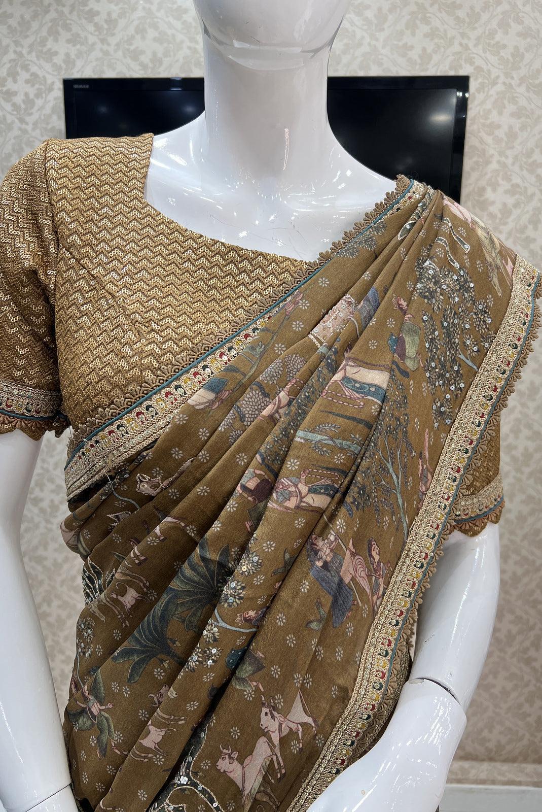 Brown Pichwai Print and Sequins work Saree with Matching Semi Stitched Designer Blouse - Seasons Chennai