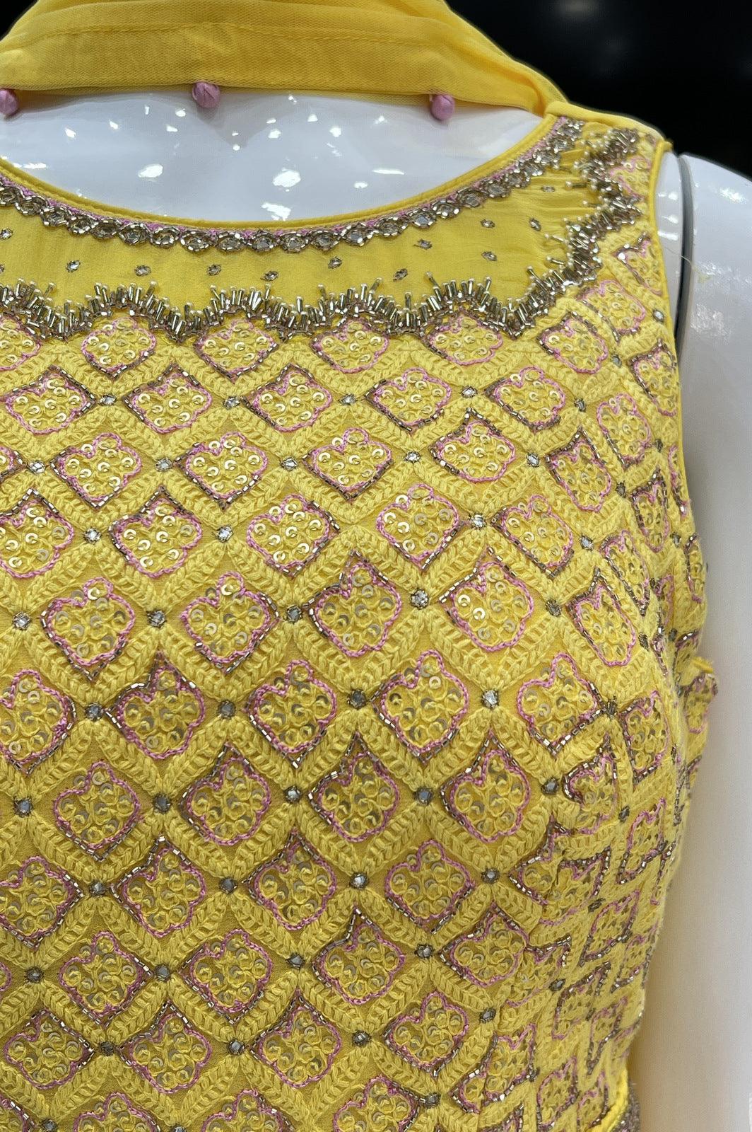 Yellow Lucknowi Thread, Sequins, Beads and Mirror work Salwar Suit with Palazzo Pants - Seasons Chennai