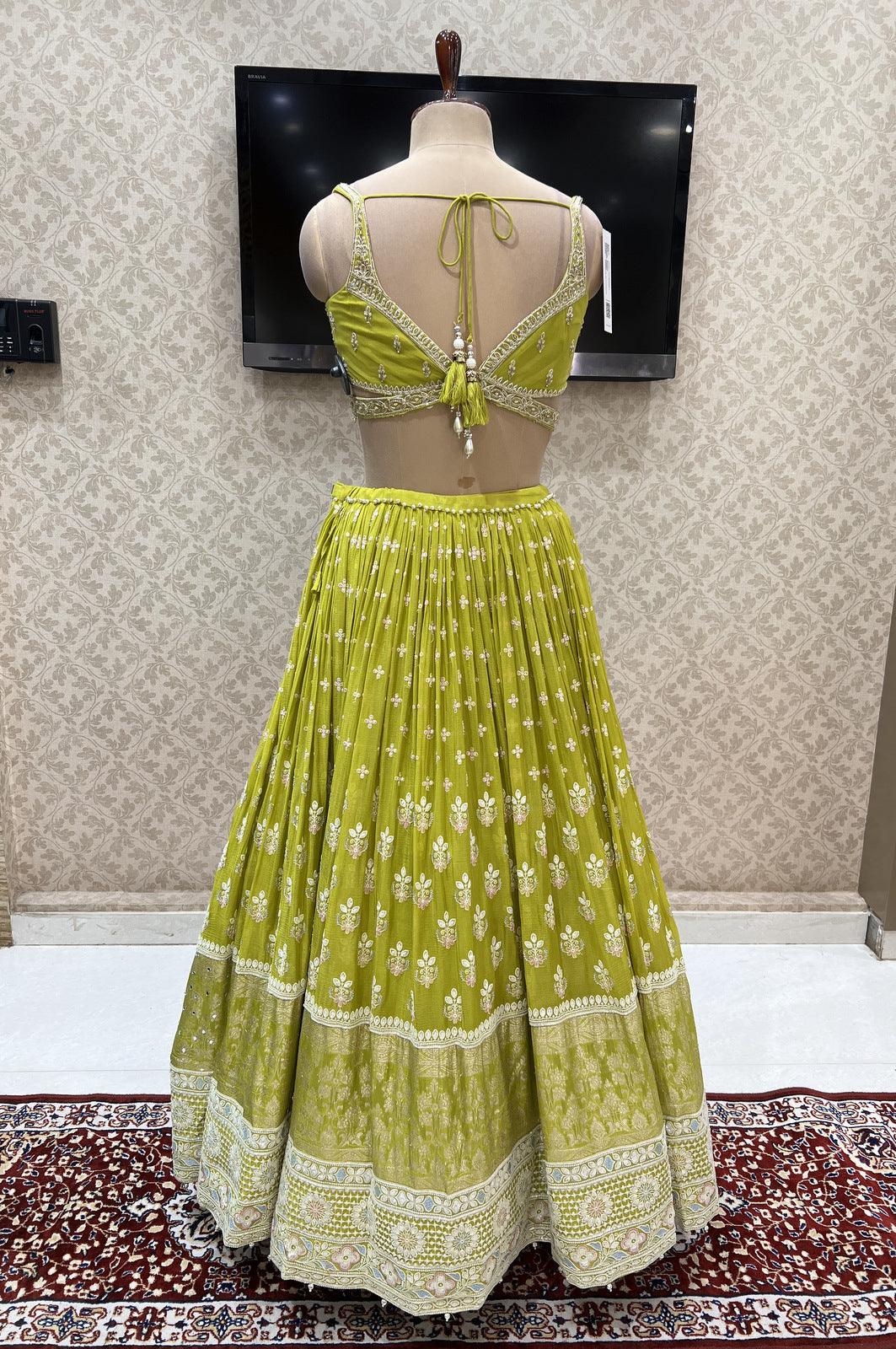 Parrot Green Banaras, Zardozi, Beads, Sequins and Thread work Crop Top Lehenga - Seasons Chennai