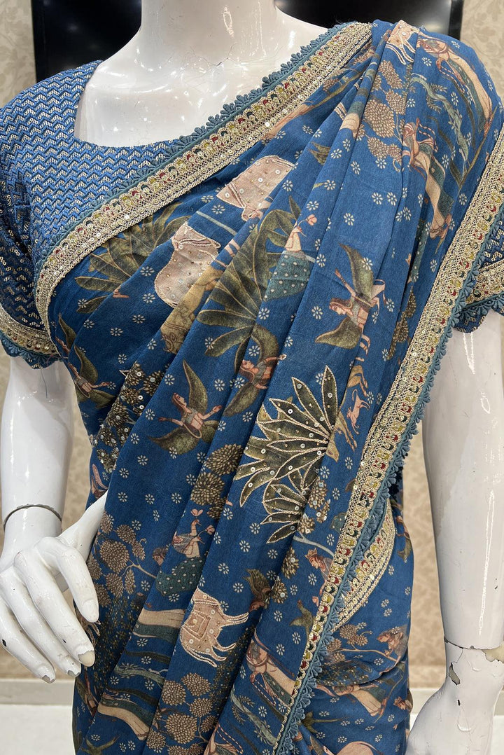 Blue Pichwai Print and Sequins work Saree with Matching Semi Stitched Designer Blouse - Seasons Chennai