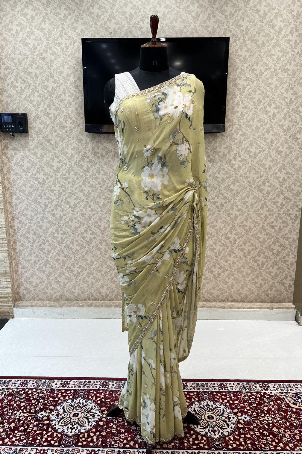 Pista Green Floral Print Pearl and Beads work Saree with Matching Unstitched Designer Blouse - Seasons Chennai