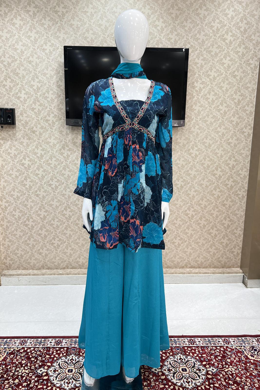 Blue Pearl, Beads and Sequins work Alia Cut Peplum Top with Palazzo Suit Set - Seasons Chennai
